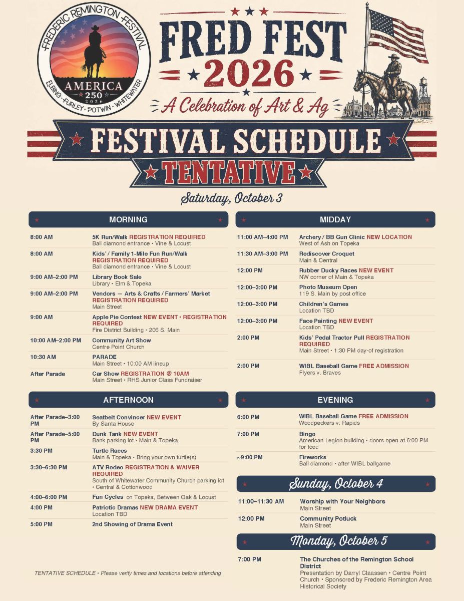 The 2026 Tentative Schedule for Fred Fest, October 3-5