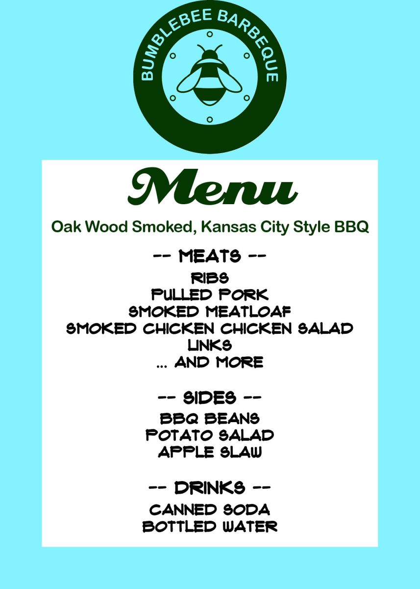Menu items listed, meats, side, drinks, Kansas City Style BBQ
