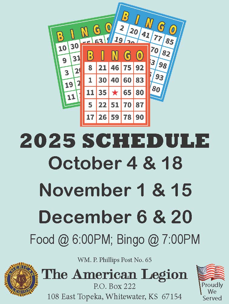 Legion BINGO schedule 2025: October 4 & 18, Nov. 1 & 15, Dec. 6 & 20; food at 6PM, Bingo at 7PM