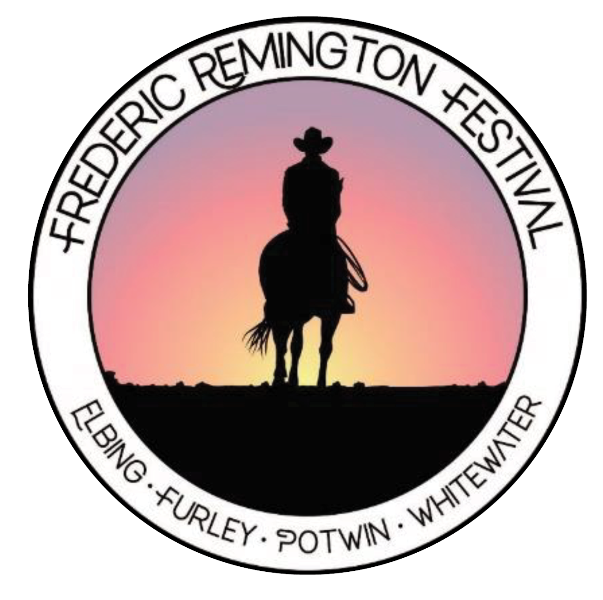 Circle Logo with a man sitting on a horse with the sunset behind him, Elbing, Furely, Potwin, Whitewater, Frederic Remington Festival
