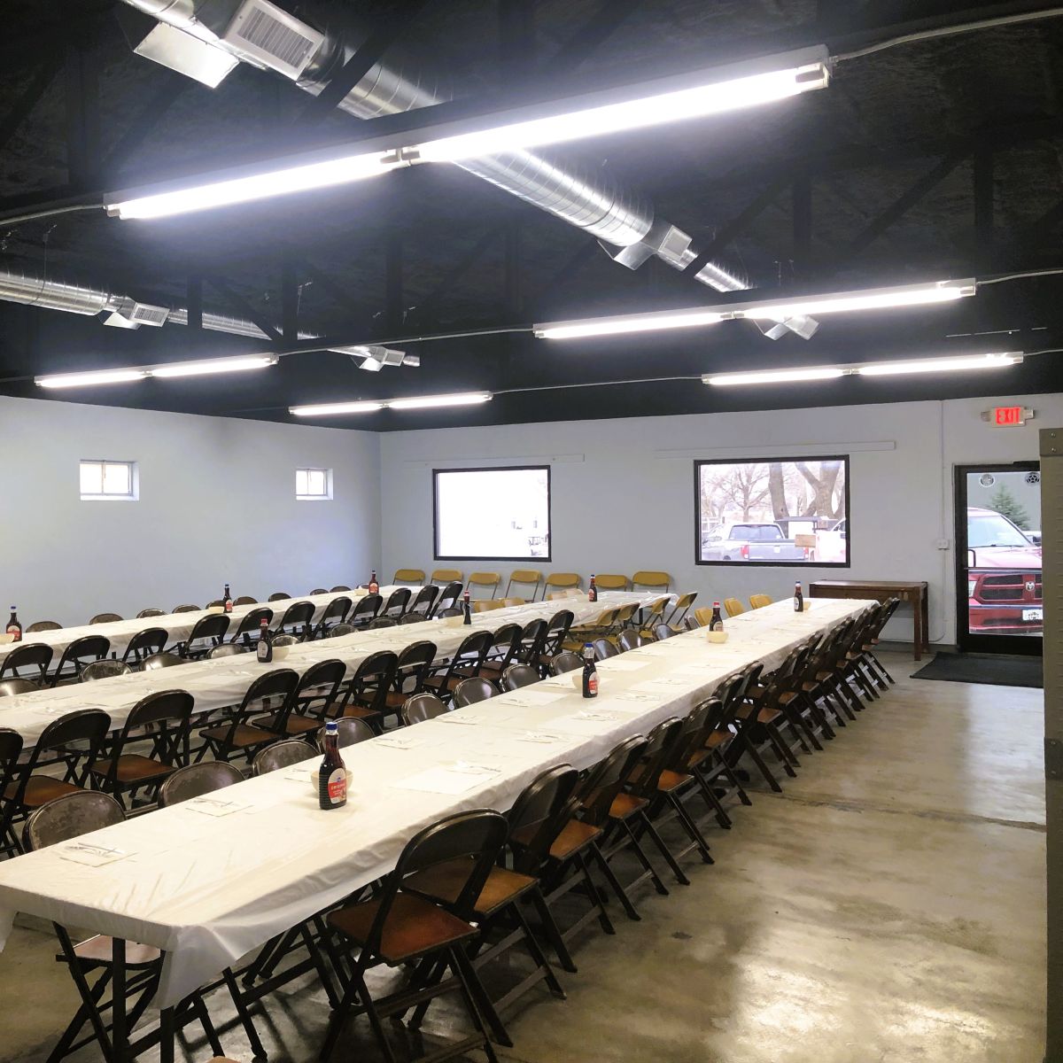long tables ready for a pancake feed