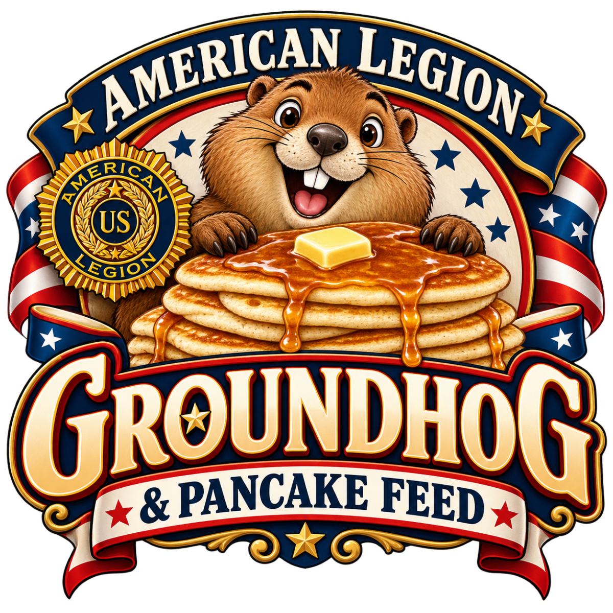 logo with a Groundhog and pancakes
