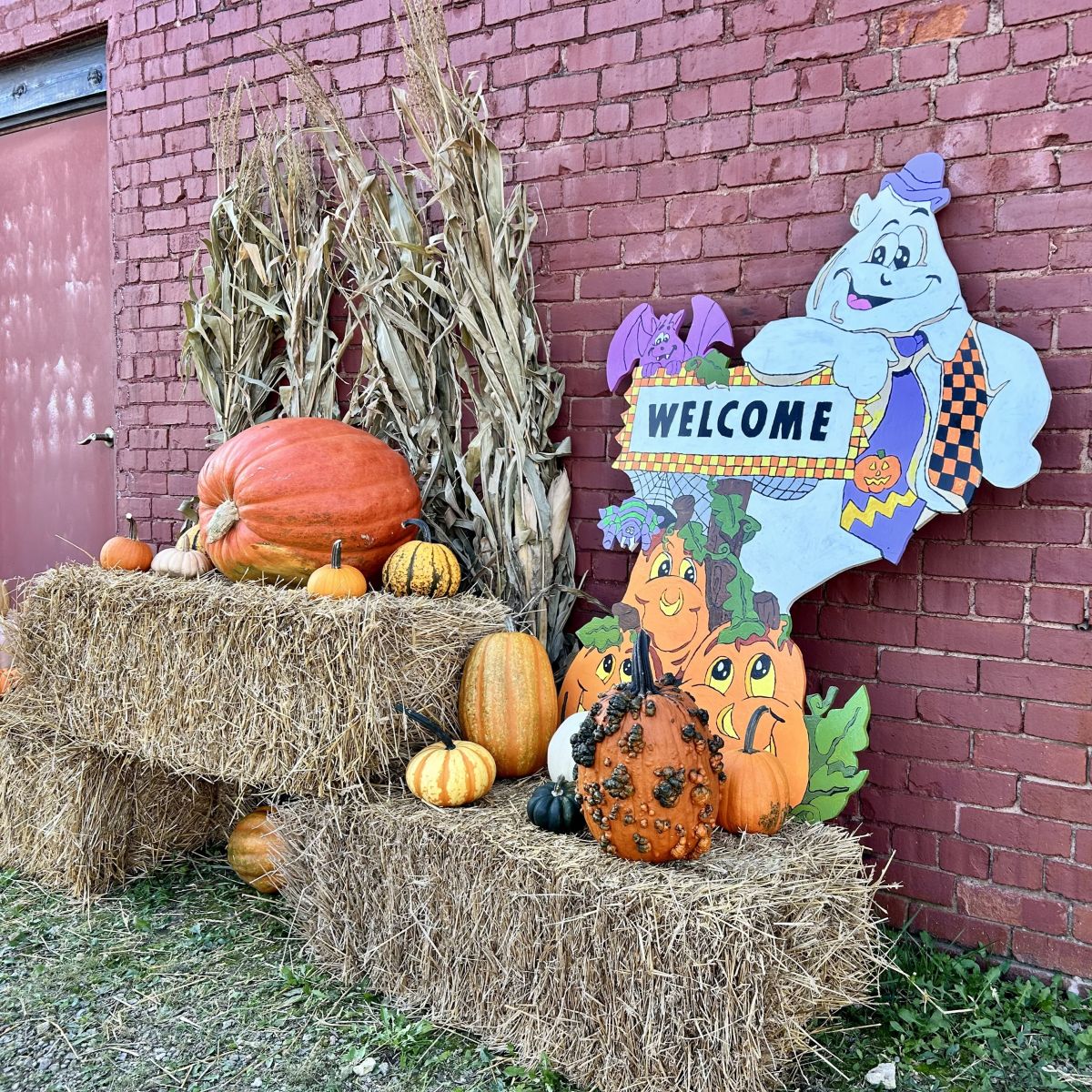Welcome sign with pumpkins for sale