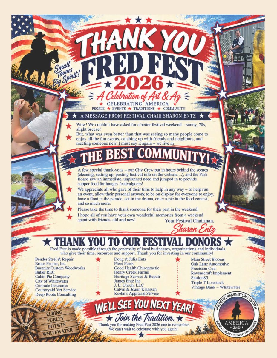 Page 4 is a Thank you page and recap from Festival Chair, Sharon Entz and thank you list of all the donors, see you next year!