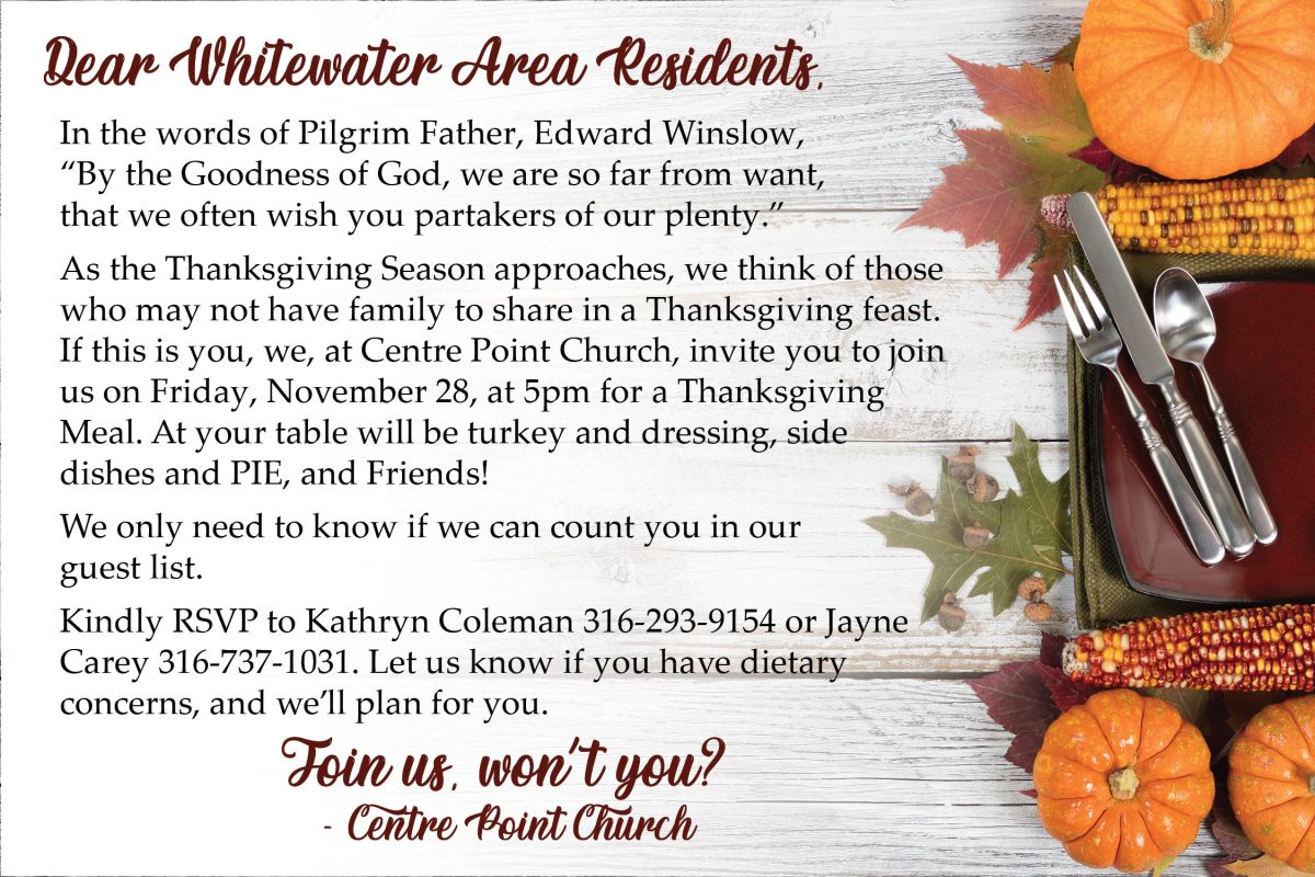 Centre Point Church will be hosting a Thanksgiving Meal for those who sign up to join them.