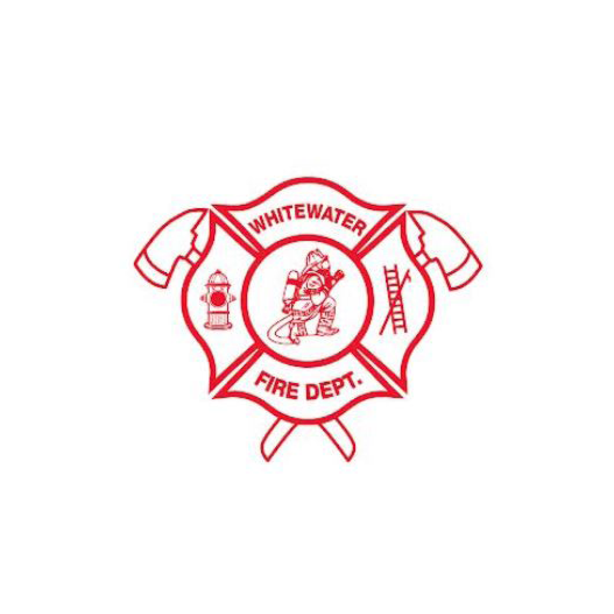 two fire axes behind a shield with a firefighter in the middle. Words say Whitewater Fire Dept.