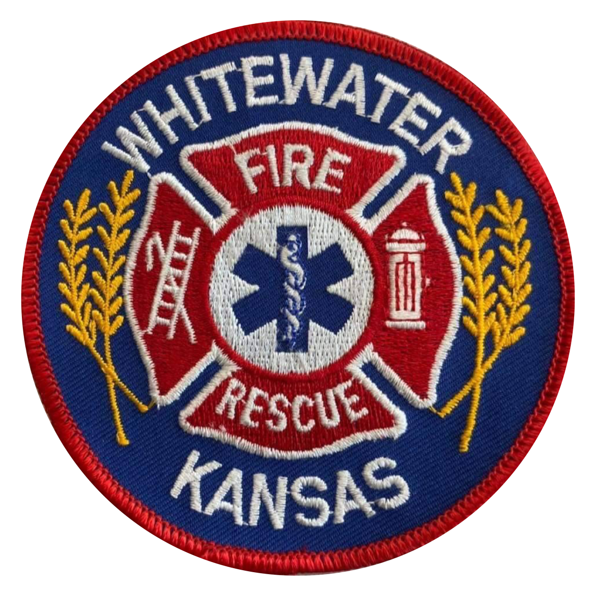 A circle patch with wheat images on either side images showing fire and medical rescue